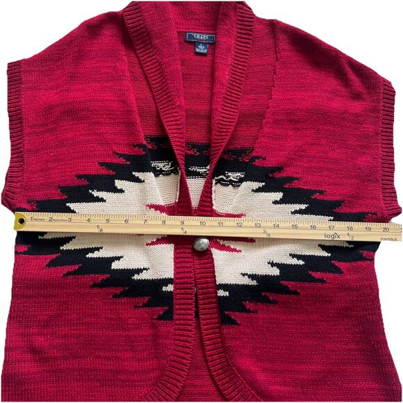 Chaps Cardigan Sweater Womens Lg Red One Button Short Sleeves Southwestern Aztec - Picture 5 of 9